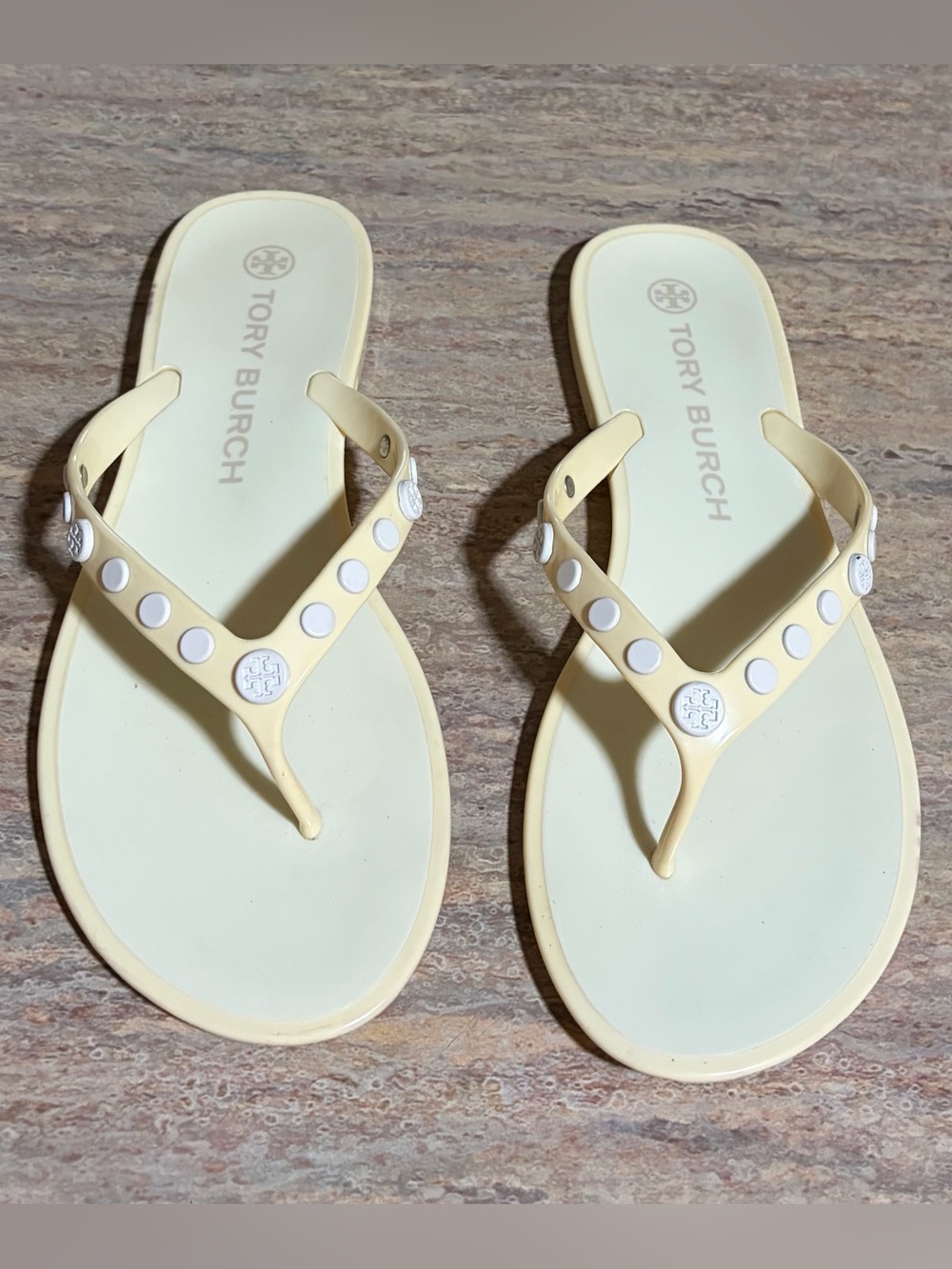 Tory Burch Ivory Studded Jelly Flip Flops